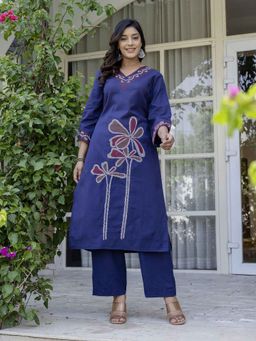 Autumnlane - Samiha Navy Blue Embroidery Cotton Kurta with Pant (Set of 2)