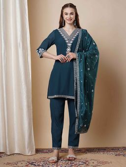 FASHOR - Teal Embroidered Straight Kurti with Pant and Dupatta (Set of 3)