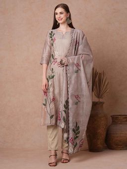 FASHOR - Beige Printed Straight Kurta with Pant and Dupatta (Set of 3)
