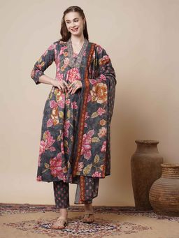 FASHOR - Grey Floral Printed Anarkali Kurta with Pant and Dupatta (Set of 3)