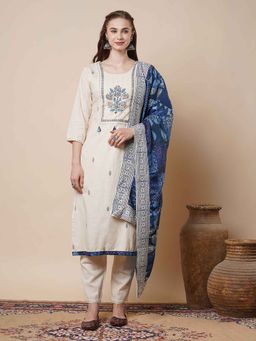 FASHOR - Beige Floral Printed Straight Cotton Kurta with Pant and Dupatta (Set of 3)