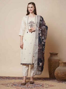 FASHOR - Off White Floral Printed Straight Kurta with Pant and Dupatta (Set of 3)