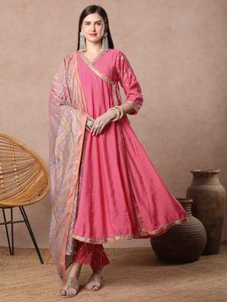 FASHOR - Pink Solid Gota Work Angarkha Kurta with Pant and Dupatta (Set of 3)