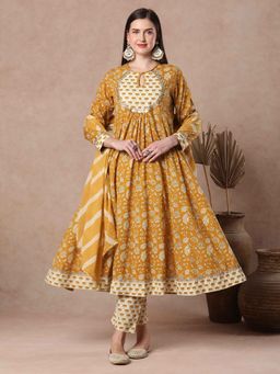 FASHOR - Mustard Floral Printed Anarkali Kurta with Pant and Dupatta (Set of 3)