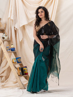 Angoshobha - Traditional Teal & Black Cotton Silk Fancy Jamdani Saree with Unstitched Blouse