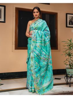 Mayurie - Saanvi Chanderi Batik Print Saree with Unstitched Blouse, Teal
