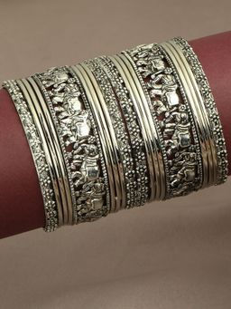 OOMPH - Combo Of 18 Oxidised Silver Elephant Design Bangle Set