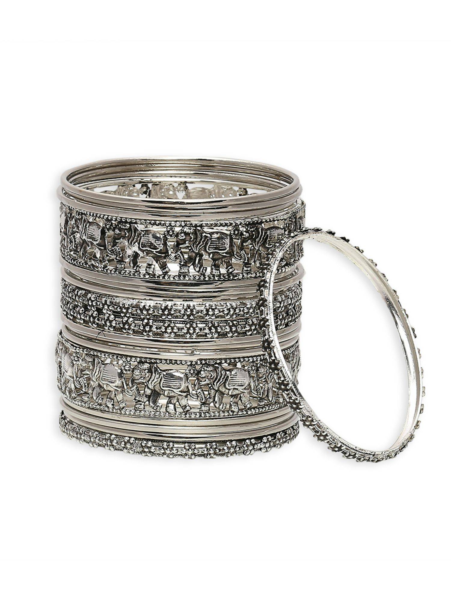 Buy OOMPH Combo Of 18 Oxidised Silver Elephant Design Bangle Set