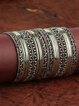 OOMPH - Combo Of 18 Oxidised Silver Floral Design Bangle Set