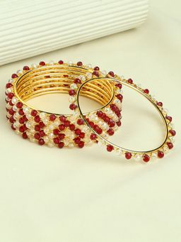 OOMPH - Combo Of 8 Gold Tone Bangle Set Maroon & White Crystal Beads