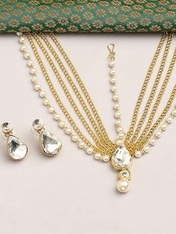 OOMPH - Gold Tone Kundan Sheeshpool Set Mattha Patti With Drop Earrings