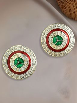 OOMPH - Grey & Red Meenakari Enamel Stud Earrings Silver Tone Indo Western Circular
