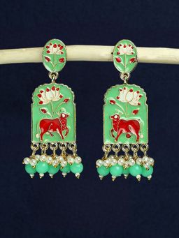 OOMPH - Mint Green Meenakari Ethnic Drop Earrings Gaou Mata Cow Animal Design