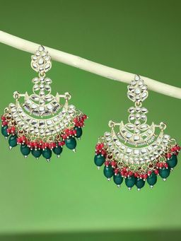 OOMPH - Green & Rani Pink Chand Bali Earrings Kundan & Beads