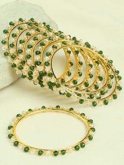 OOMPH - Combo Of 8 Gold Tone Bangle Set Green & White Crystal Beads