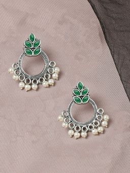 OOMPH - Oxidised Silver Ethnic Small Drop Earrings Green Stone & Pearls Floral Design