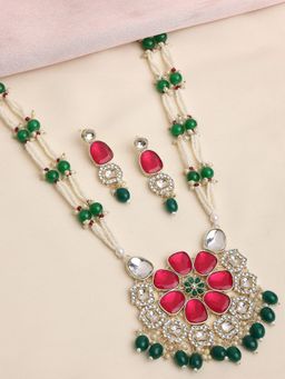 OOMPH - Green & Rani Pink Long Mala Jada Necklace Set Kundan Studded With Earrings