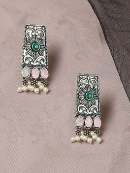 OOMPH - Oxidised Silver Ethnic Drop Earrings Pink & Green Stones Geometric Floral