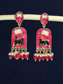 OOMPH - Rani Pink Meenakari Ethnic Drop Earrings Gaou Mata Cow Animal Design