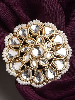 OOMPH - Gold Kundan White Stone Jada Ring Ethnic Floral Design Adjustable