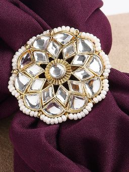 OOMPH - Gold Kundan Jada Ring Ethnic Floral White Adjustable Stylish Latest