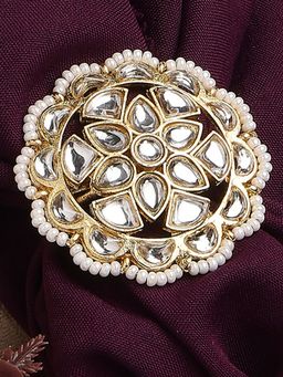 OOMPH - Gold Kundan Jada Ring Ethnic White Floral Design Adjustable Stylish Latest