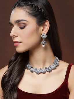PANASH - Oxidised Silver Toned Kundan Stone Choker Jewellery (Set of 2)
