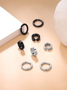 Yellow Chimes - Silver and Black Hoop Earrings for Men (Pack of 4)