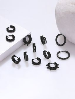 Yellow Chimes - Stainless Steel Black Hoop Earrings For Men, Set Of 6 (Pack of 6)