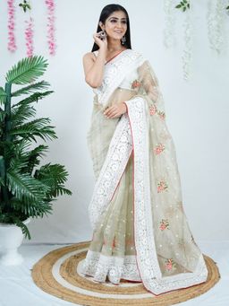 Odette - Off White Organza Embroidered Saree with Unstitched Blouse