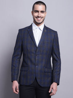 Cantabil - Mens Navy Blue Checks Single Breasted Formal Blazer