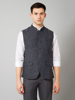 Cantabil - Mens Grey Self Design Mandarin Collar Formal Waistcoat