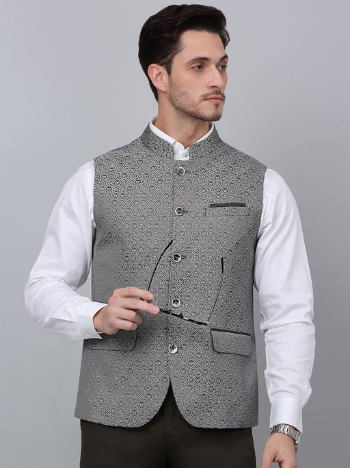 Cantabil Mens Grey Self Design Mandarin Collar Party Wear Waistcoat