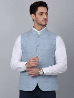 Cantabil - Mens Blue Self Design Mandarin Collar Party Wear Waistcoat