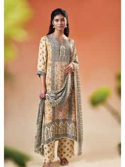 THREE-THREE - Chrysanthemum Beige Kurta With Pant And Dupatta