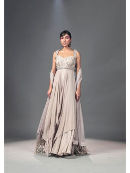 ISHA GUPTA TAYAL - Grey Ecru Corded Drape Anarkali Gown and Dupatta