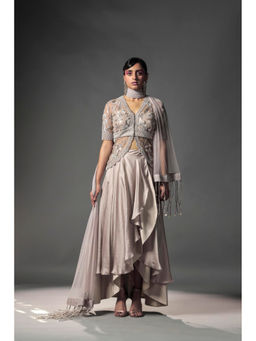 ISHA GUPTA TAYAL - Beige Wrap Around Layered Skirt and Jacket Set