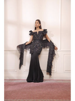 ISHA GUPTA TAYAL - Black Kurta and Sharara Set with Ruffle Dupatta