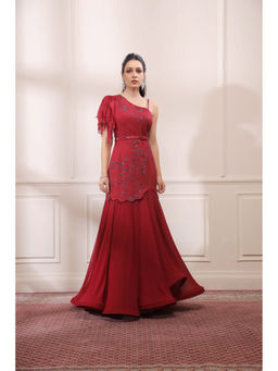 ISHA GUPTA TAYAL - Red Fit and Flare Embroidered Gown