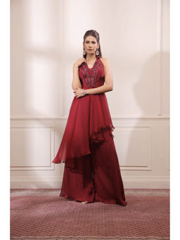 ISHA GUPTA TAYAL - Maroon Asymmetric Kurta with Flared Organza Pants