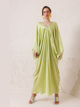 CHHAYA MEHROTRA - Lush Lime Green V-Neck Printed Kaftan