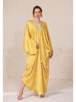 CHHAYA MEHROTRA - Mellifluous Yellow V-Neck Printed Kaftan