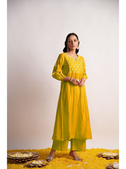 EKOHUM - Mustard Modal Silk Fabric A-Line Kurta Set