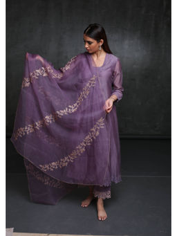 Rhua India - Mauve Embroidered Chanderi Kurta and Pant with Dupatta
