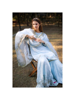 ORNAMAAS - Rang Mahal Blue Top With Sharara And Dupatta