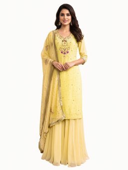 ORNAMAAS - Lime Kamal Sitaara Yellow Top With Sharara And Dupatta