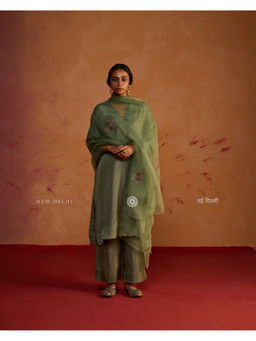 Rhua India - Gulnaar Green Sage Silk Embroidered Kurta and Pant with Dupatta