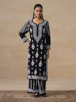 House of Chikankari - Black Modal Chikankari Long Kurta and Pant Set