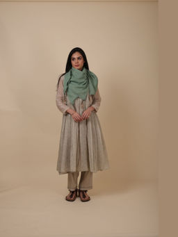 Rhua India - Beige Anvi Almond Handprinted Chanderi Anarkali and Pant with Scarf and Slip
