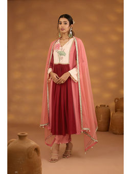 ISHA GUPTA TAYAL - Red Pushkar Anarkali and Pant with Dupatta